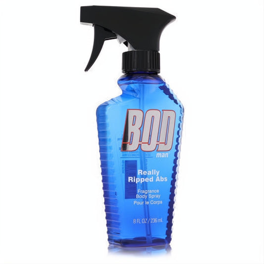 Bold blue Bod Man Really Ripped Abs 8 oz body spray bottle with a black trigger nozzle, sculpted design.