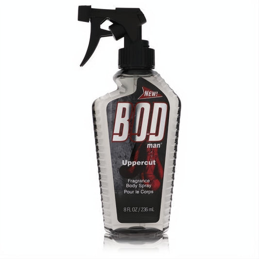 Powerful Bod Man Uppercut 8oz body spray. Clear contoured bottle with black trigger and bold red boxing glove label.