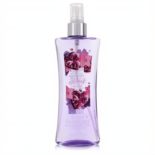 Body Fantasies Love Struck 8 oz body spray. Feminine lavender bottle with dramatic pink floral and sparkling gem design.