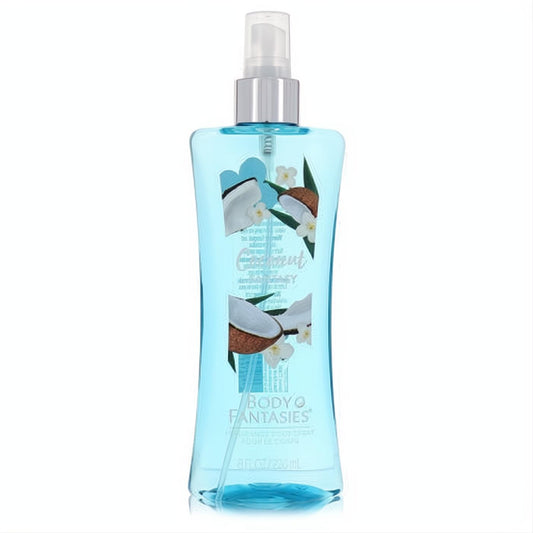 Body Fantasies Signature Coconut Fantasy 8 oz body spray. Clear aqua bottle with vibrant tropical coconut & flower design.