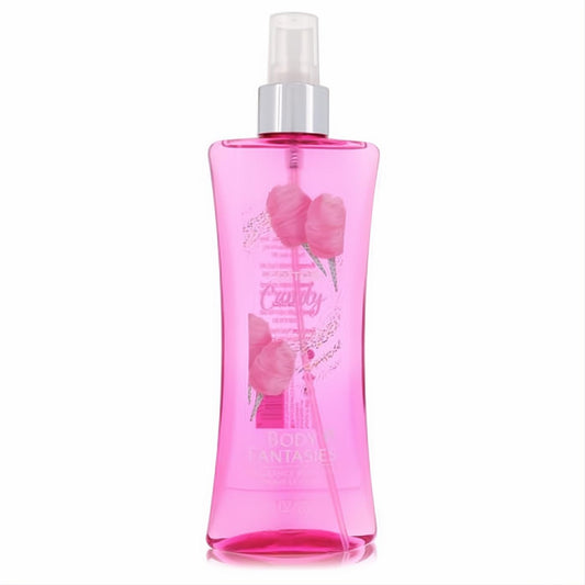 Vibrant pink, curved Body Fantasies Signature Cotton Candy 8 oz body spray with playful cotton candy graphics.