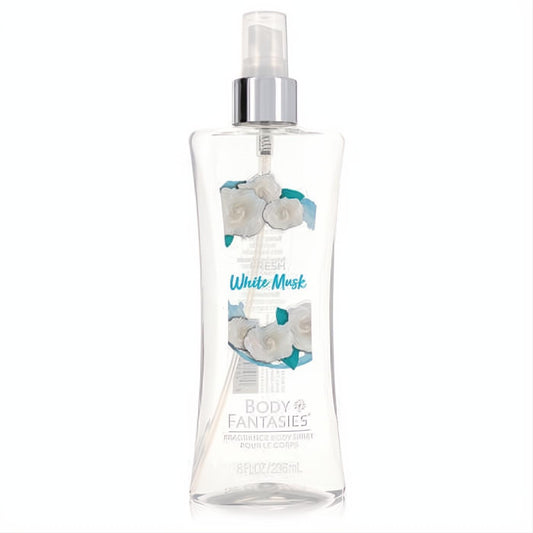 Body Fantasies Fresh White Musk 8 oz body spray. Clear bottle, silver sprayer, and a refreshing white rose label with blue accents.