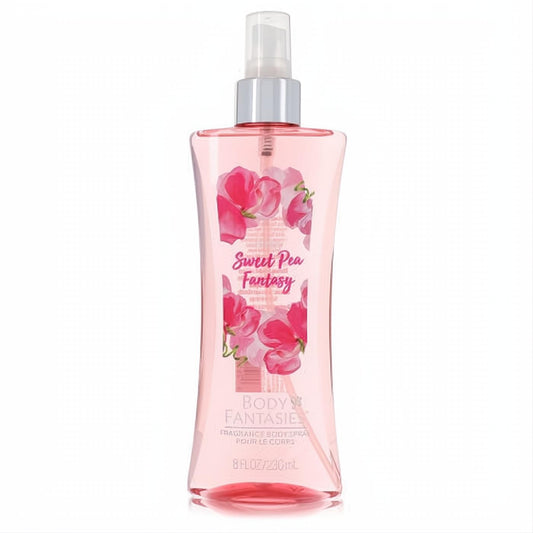 Body Fantasies Pink Sweet Pea Fantasy 8 oz body spray. Clear bottle with vibrant pink floral label, sleek silver top.