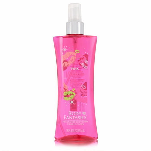 Curvy, vibrant pink Body Fantasies 8 oz body spray with silver atomizer, adorned with playful lip and bow graphics.
