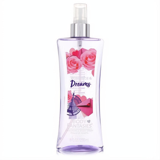Body Fantasies Romance & Dreams 8 oz body spray. Clear purple-tinted bottle with romantic pink roses, hearts, and Parisian Eiffel Tower design.