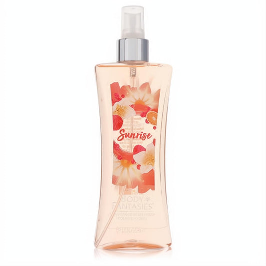 Body Fantasies Sweet Sunrise Fantasy 8oz body spray. Peach-tinted bottle with "Sunrise" text, vibrant floral design, and silver sprayer.