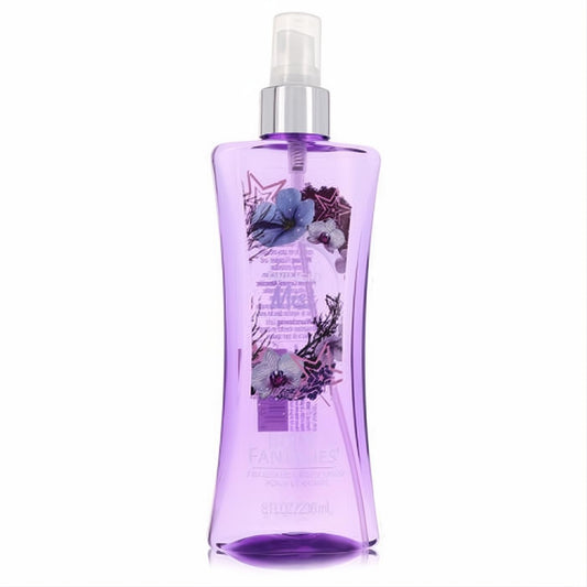 Indulge with Body Fantasies Twilight Mist 8 oz women's body spray in a stunning purple bottle with elegant floral accents.