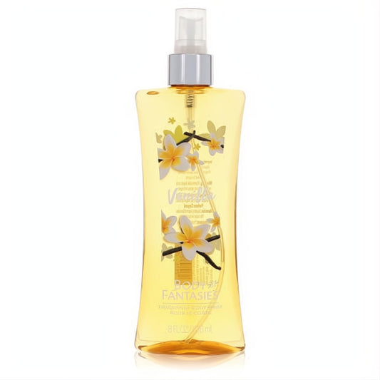Body Fantasies Vanilla Fantasy 8 oz body spray. Clear yellow bottle with elegant plumeria and vanilla bean design.
