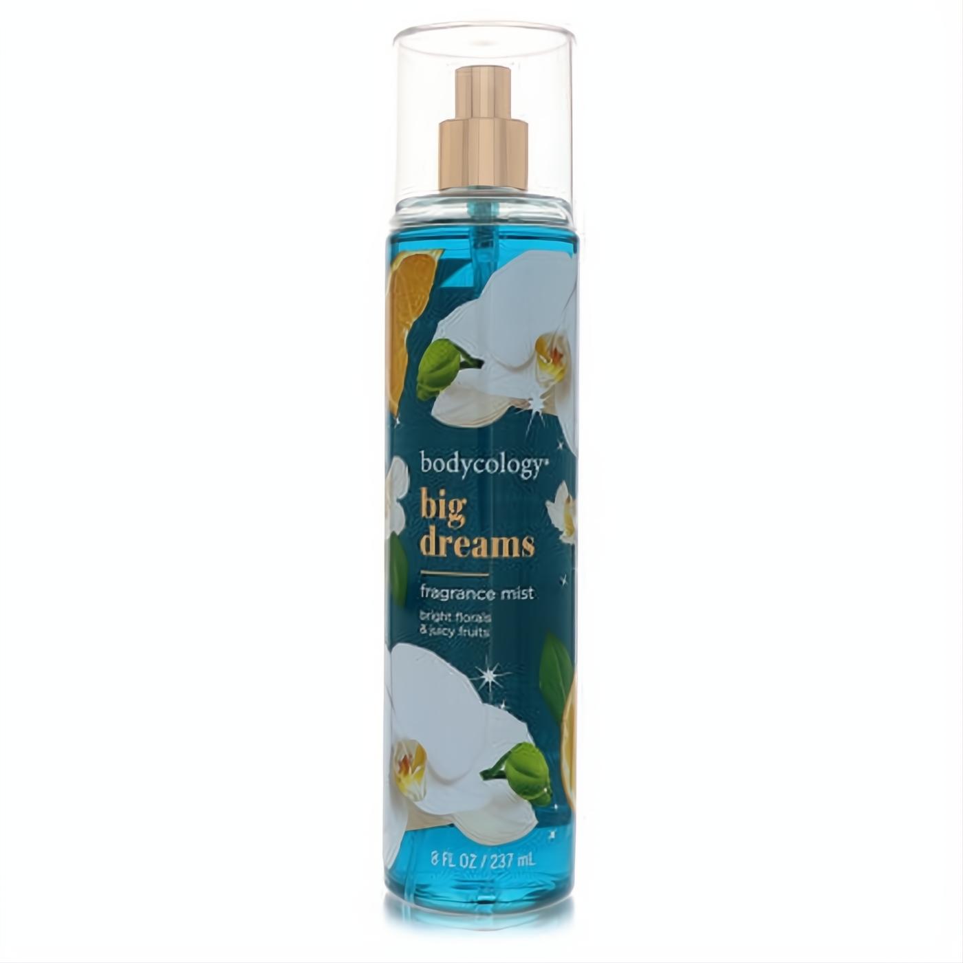Experience Bodycology Big Dreams 8 oz fragrance mist. Clear bottle with vibrant blue liquid, white orchids, and juicy orange design.