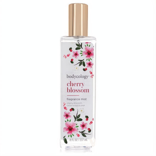 Experience Bodycology Cherry Blossom Cedarwood & Pear 8 oz fragrance mist. Clear bottle, gold cap, vibrant pink floral design.