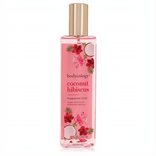 Bodycology Coconut Hibiscus 8 oz fragrance mist. Clear pink bottle, elegant gold cap, tropical hibiscus and coconut design.