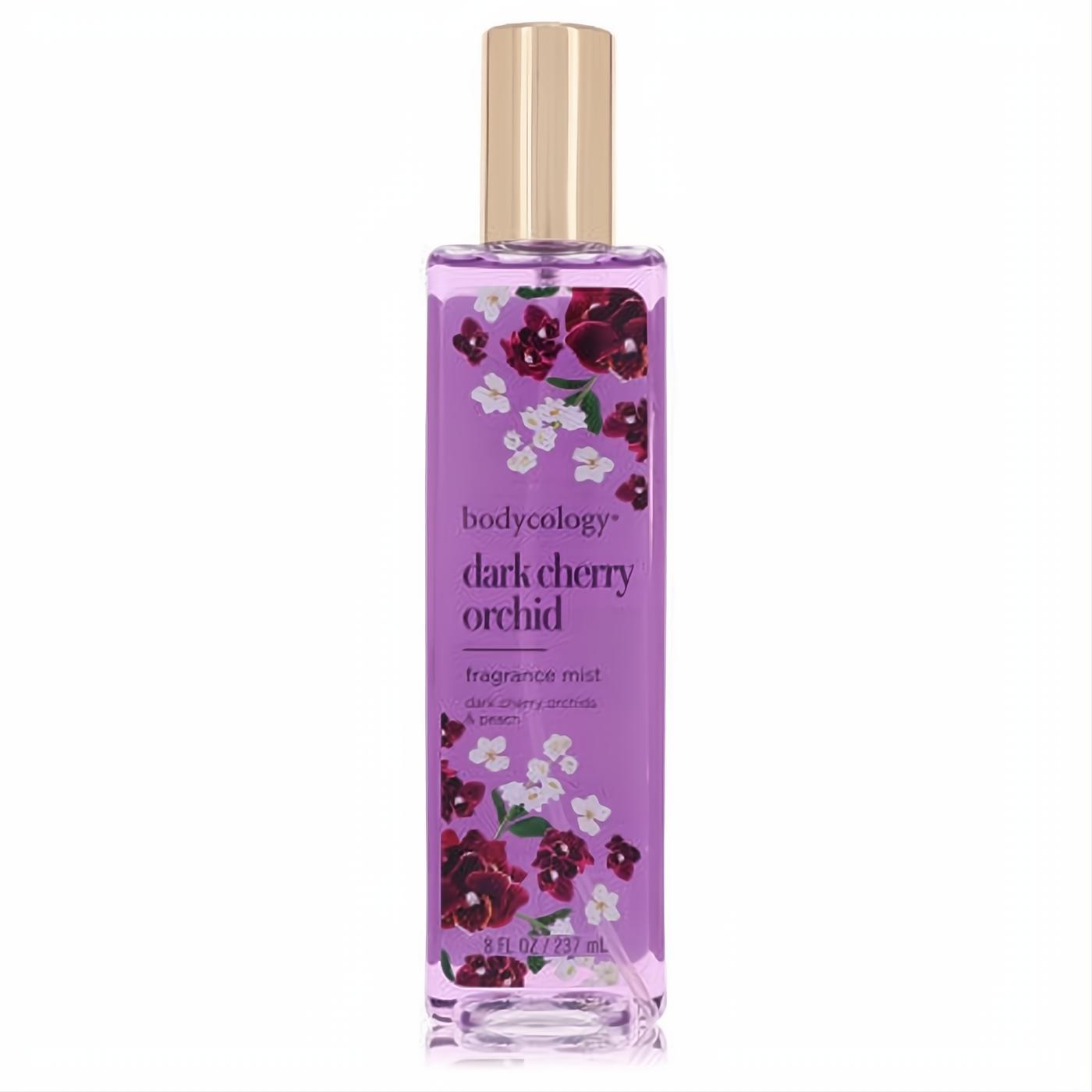 Bodycology Dark Cherry Orchid 8oz fragrance mist. Clear bottle with enchanting purple liquid, gold cap, and elegant dark red & white floral print.