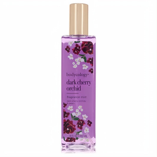 Bodycology Dark Cherry Orchid 8oz fragrance mist. Clear bottle with enchanting purple liquid, gold cap, and elegant dark red & white floral print.