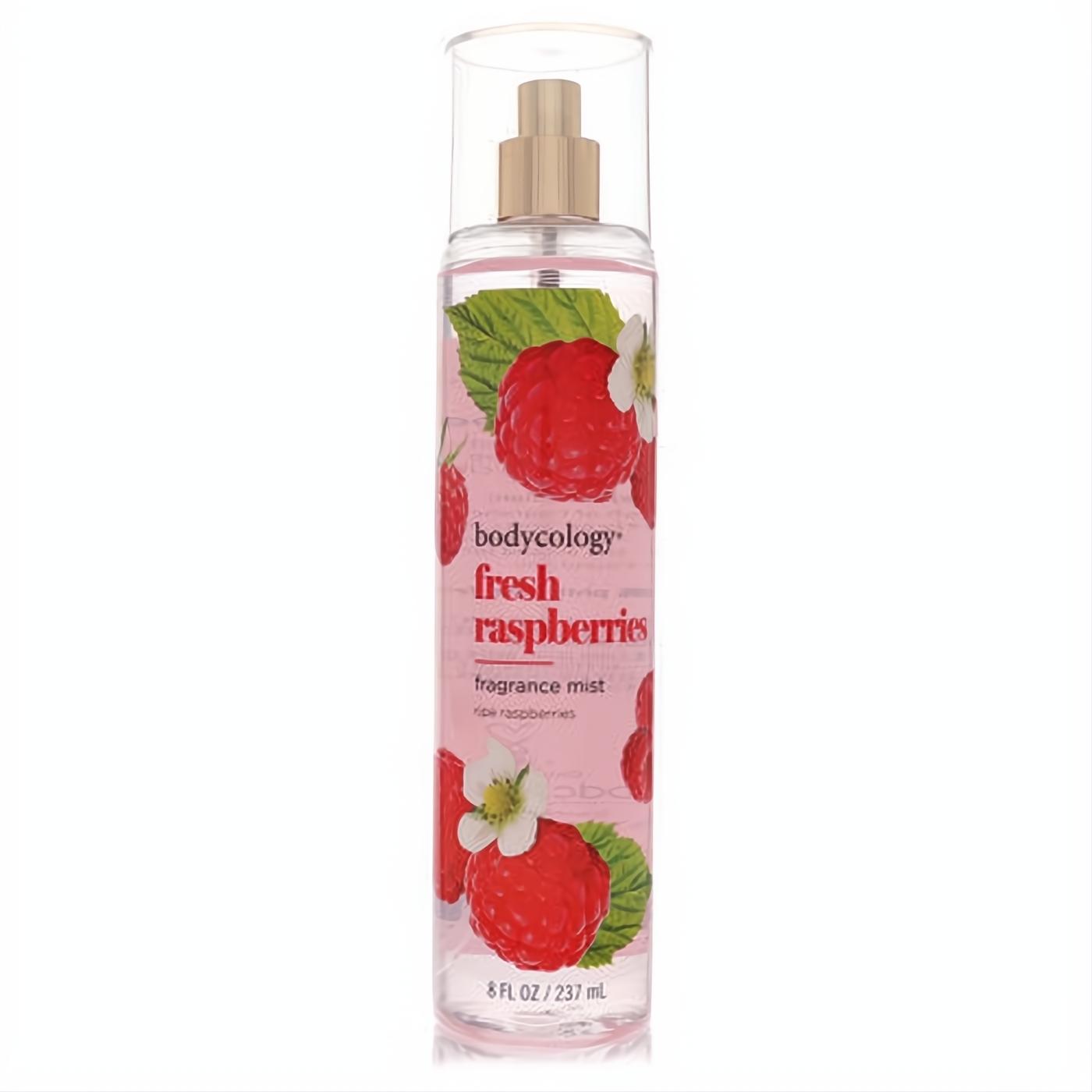 Bodycology Fresh Raspberries 8 oz fragrance mist. Clear bottle, gold sprayer, and vibrant raspberry label design.