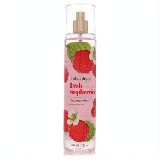 Bodycology Fresh Raspberries 8 oz fragrance mist. Clear bottle, gold sprayer, and vibrant raspberry label design.