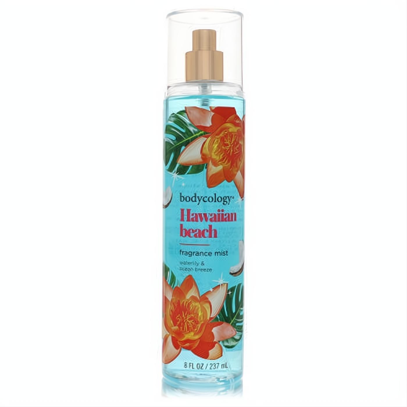 Bodycology Hawaiian Beach 8 oz fragrance mist. Clear bottle, vibrant blue liquid, tropical orange flowers, and a sleek gold sprayer.