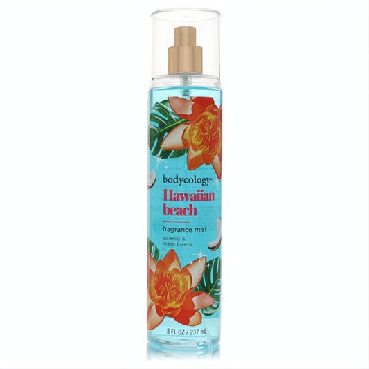 Bodycology Hawaiian Beach 8 oz fragrance mist. Clear bottle, vibrant blue liquid, tropical orange flowers, and a sleek gold sprayer.