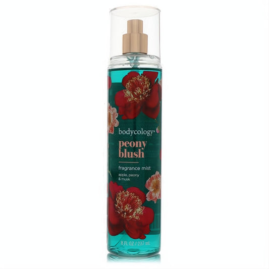 Bodycology Peony Blush 8 oz fragrance mist. Clear bottle, vibrant teal liquid, red peony floral label, gold sprayer.