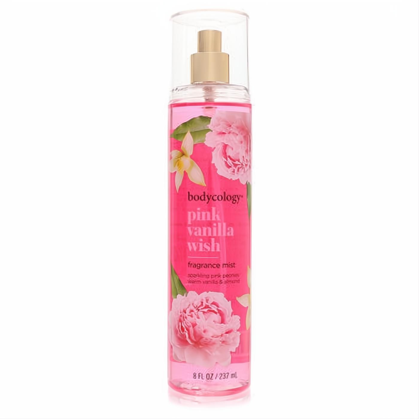 Bodycology Pink Vanilla Wish 8 oz fragrance mist. Clear bottle, vibrant pink liquid, elegant peony floral label, gold sprayer.