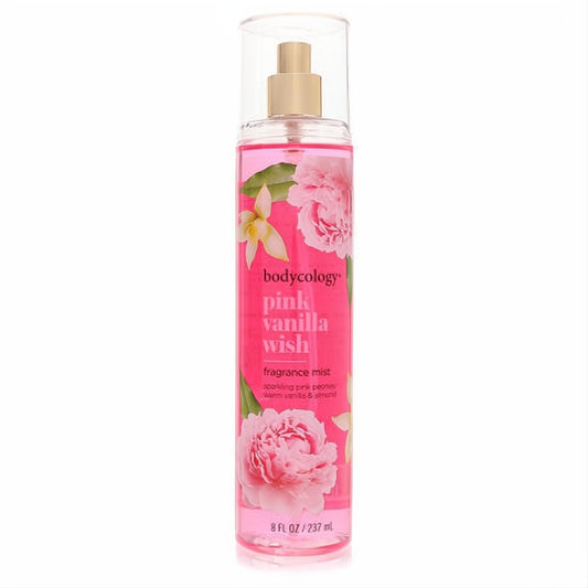 Bodycology Pink Vanilla Wish 8 oz fragrance mist. Clear bottle, vibrant pink liquid, elegant peony floral label, gold sprayer.