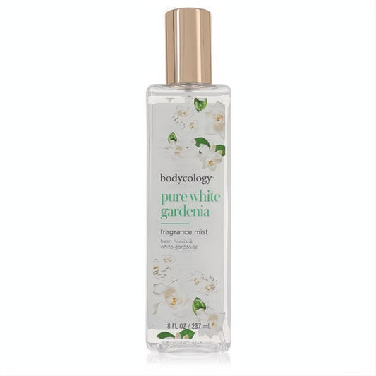 Experience Bodycology Pure White Gardenia 8 oz fragrance mist. Clear bottle, elegant gold cap, and fresh white floral design.