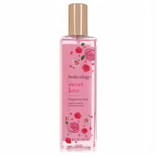 Bodycology Sweet Love 8 oz fragrance mist. Clear bottle, pink liquid, rose gold cap, and enchanting rose floral label.