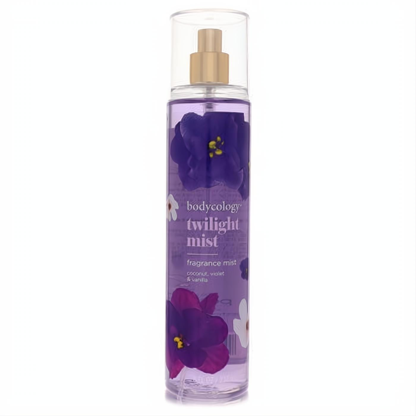 Bodycology Twilight Mist 8 oz fragrance spray. Clear bottle with enchanting purple liquid, gold sprayer, and elegant violet flower design.