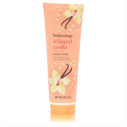Bodycology Whipped Vanilla 8 oz body cream. This peachy orange tube features elegant vanilla flowers and beans, promising a sweet, rich scent.