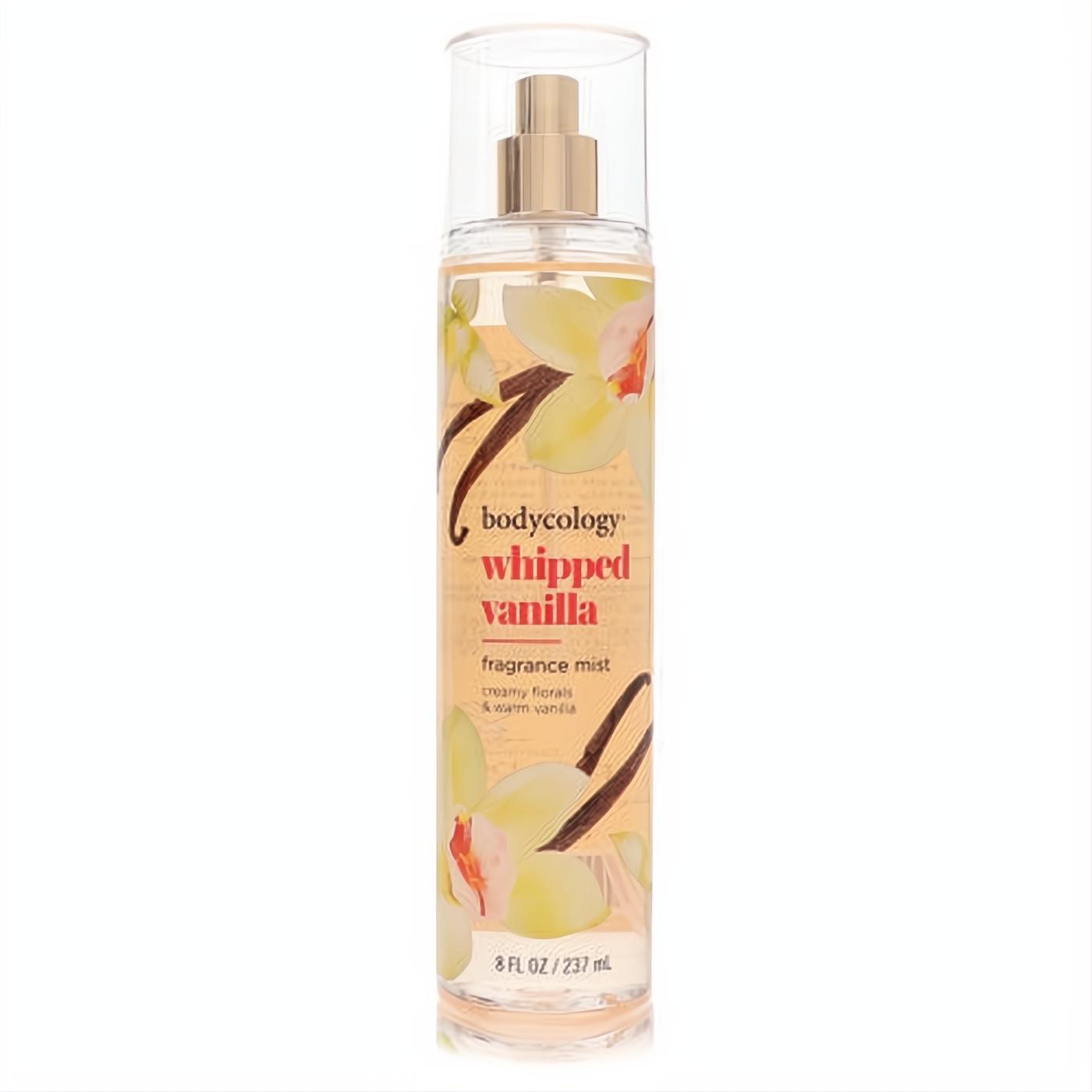 Bodycology Whipped Vanilla 8 oz fragrance mist. Clear bottle, gold sprayer, with sweet vanilla orchid and bean art.