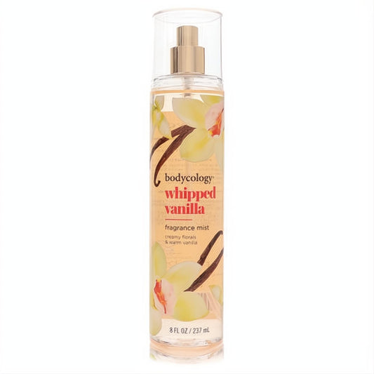 Bodycology Whipped Vanilla 8 oz fragrance mist. Clear bottle, gold sprayer, with sweet vanilla orchid and bean art.