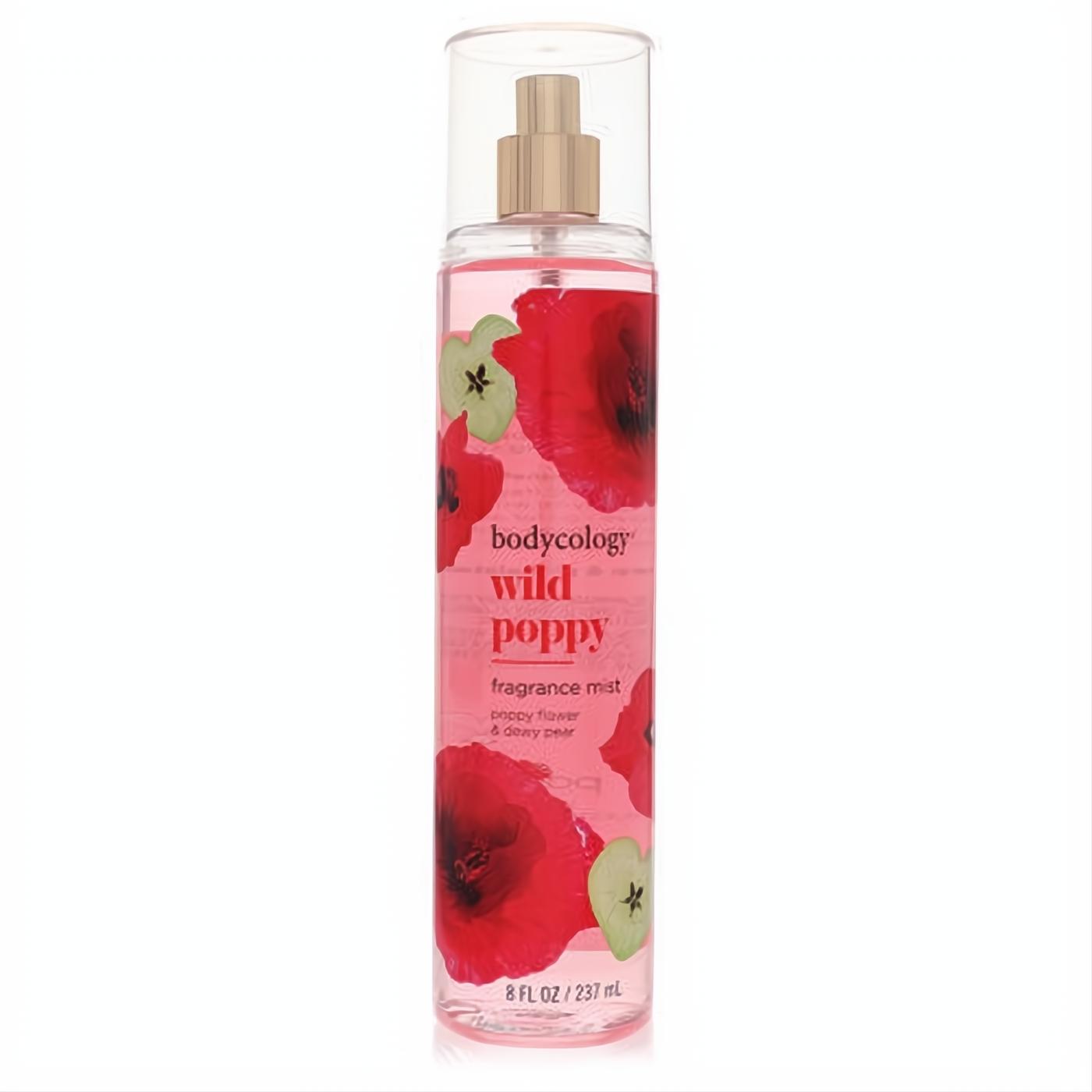 Bodycology Wild Poppy 8 oz fragrance mist. Clear bottle with captivating red poppy and green apple design, gold sprayer.
