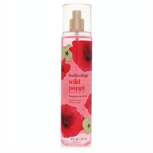 Bodycology Wild Poppy 8 oz fragrance mist. Clear bottle with captivating red poppy and green apple design, gold sprayer.