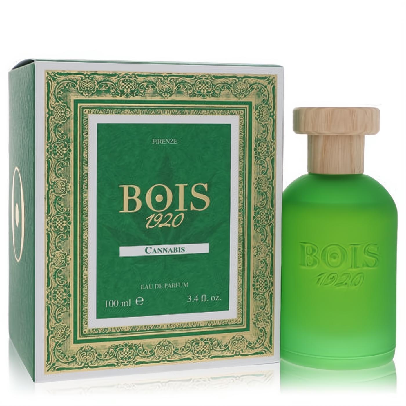 Luxurious Bois 1920 Cannabis 3.4 oz unisex Eau De Parfum. Vibrant frosted green bottle, wood cap, and ornate green/gold box.