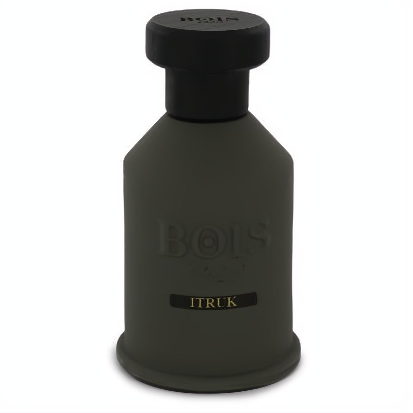Sleek matte olive green Bois 1920 Itruk Eau De Parfum tester bottle with black cap.
