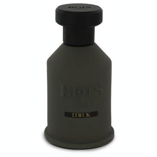 Sleek matte olive green Bois 1920 Itruk Eau De Parfum tester bottle with black cap.