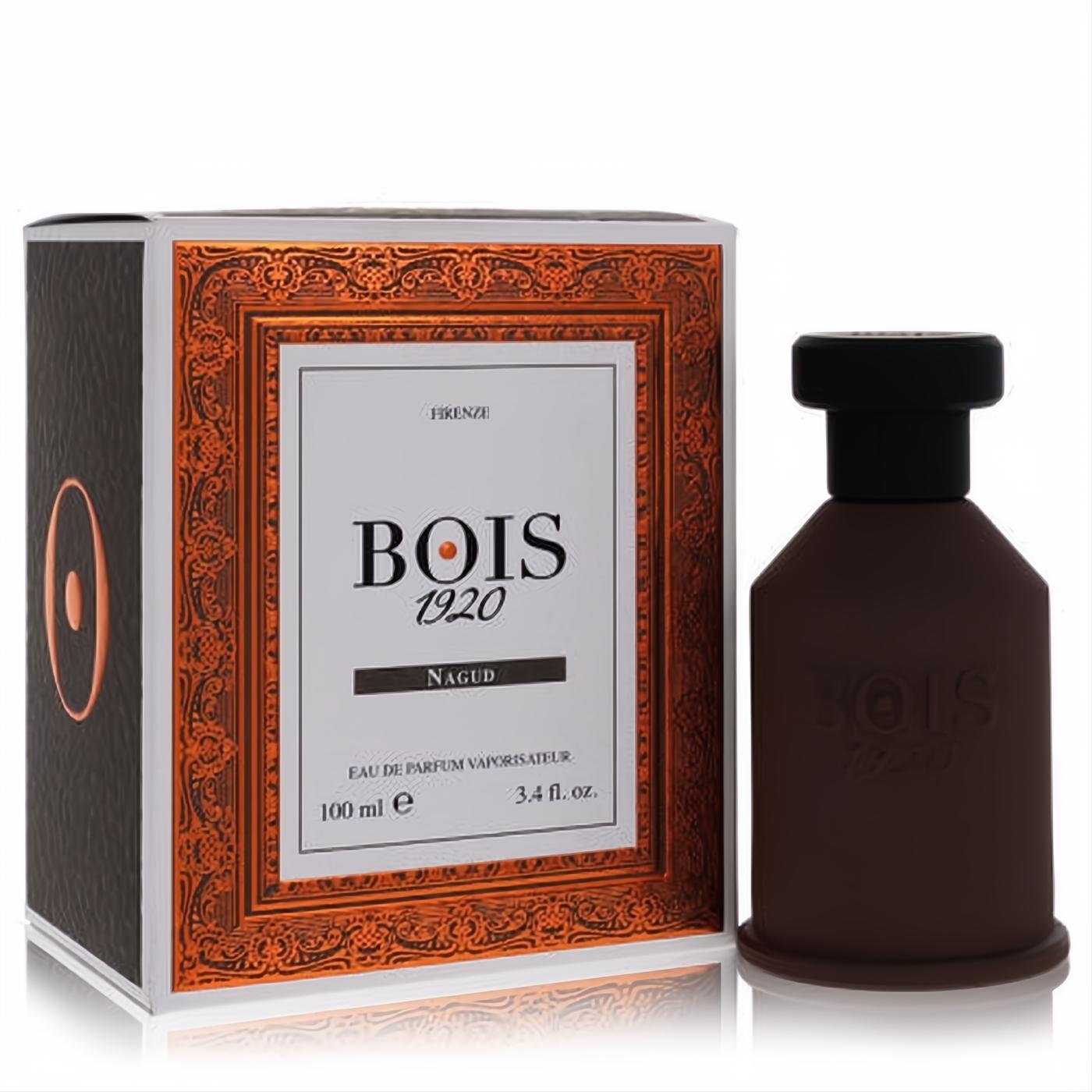 Discover Bois 1920 Nagud 3.4 oz EDP. Its sleek dark brown matte bottle with a black cap and ornate bronze-framed box exude luxury.