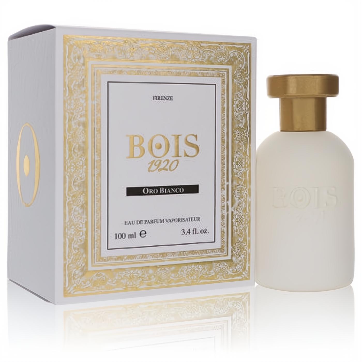 Elegant Bois 1920 Oro Bianco 3.4 oz Eau de Parfum. Features a sleek white bottle with gold cap and luxurious gold-detailed box.