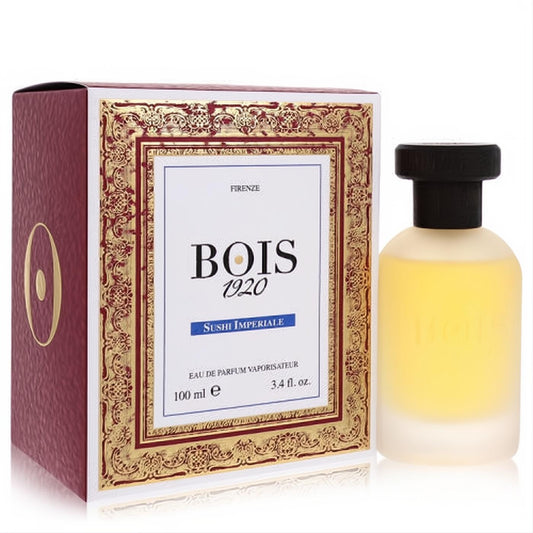 Sophisticated Bois 1920 Sushi Imperiale 3.4 oz EDP. Frosted glass bottle with amber liquid and elegant red & gold box.