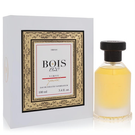 Elegant Bois 1920 Virtu Youth 3.4 oz Eau De Parfum spray. Frosted glass bottle with golden liquid, luxurious white box with gold frame.