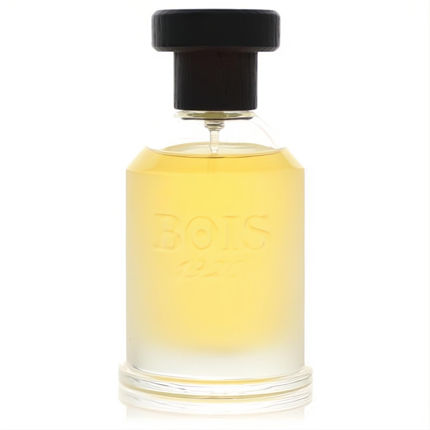 Bois 1920 Virtu Youth perfume: elegant frosted glass bottle, golden liquid, embossed logo, and dark wood cap.