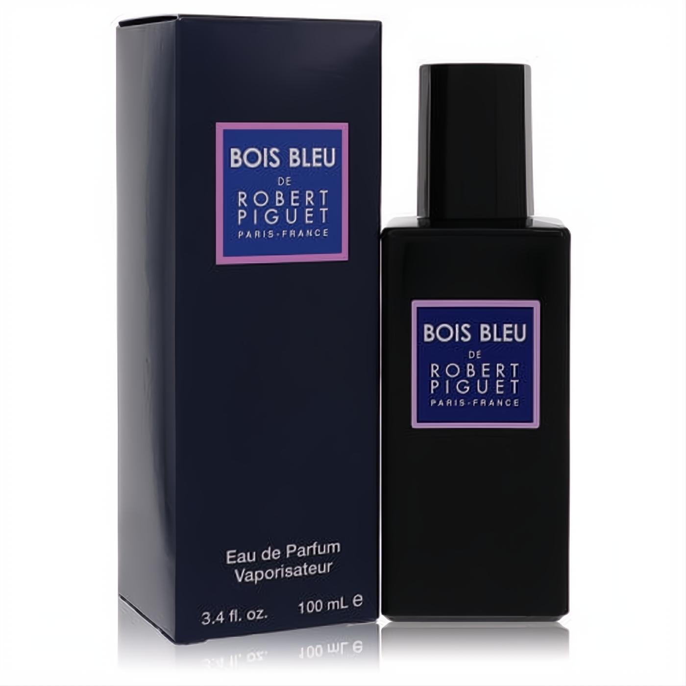 Sophisticated Bois Bleu by Robert Piguet 3.4 oz unisex Eau de Parfum. Dark blue bottle and box, striking purple label.