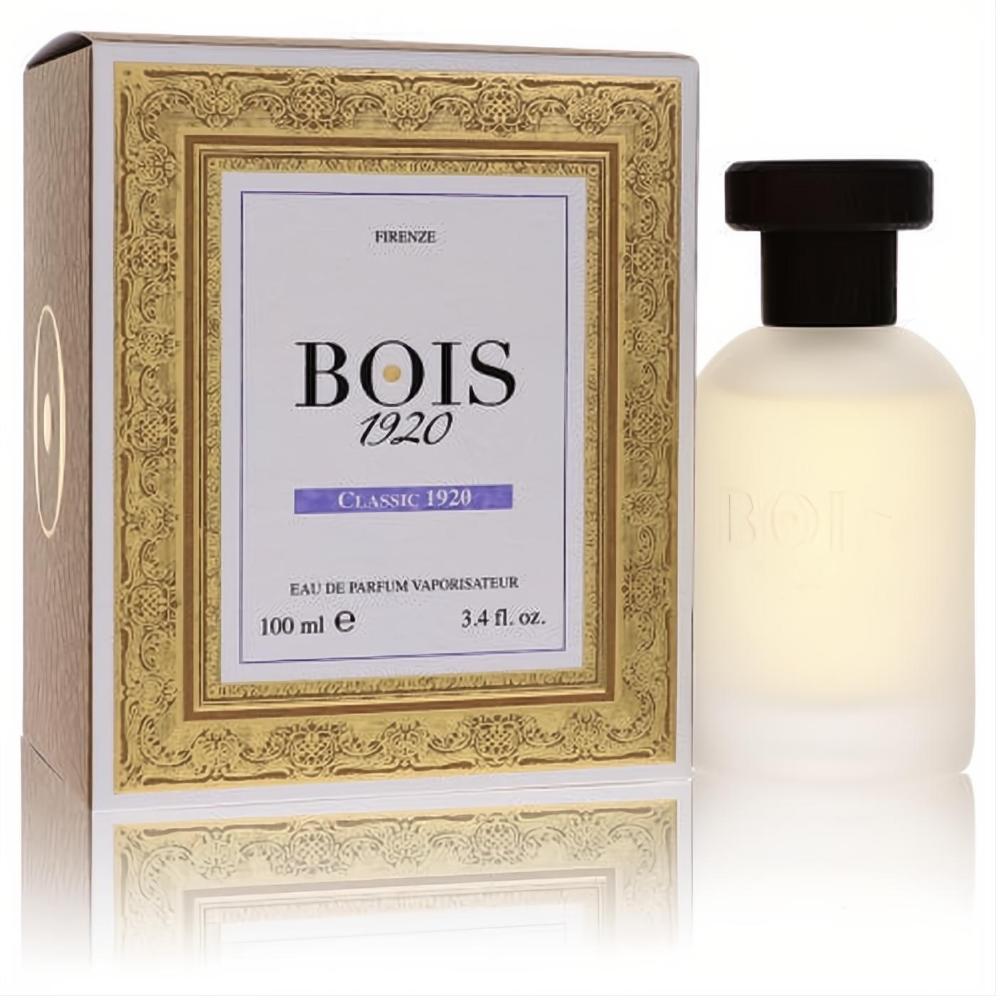 Classic Bois Classic 1920 unisex Eau De Parfum, 3.4 oz frosted bottle, and elegant gold-accented white box.