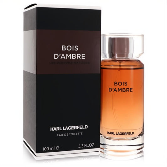 Sophisticated Bois D'Ambre by Karl Lagerfeld 3.3 oz men's EDT in a clear amber bottle, displayed with its sleek black and brown box.