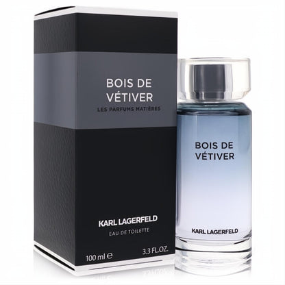 Karl Lagerfeld Bois De Vetiver 3.3 oz EDT for men. Sleek clear glass bottle, gradient blue scent, and sophisticated black box.