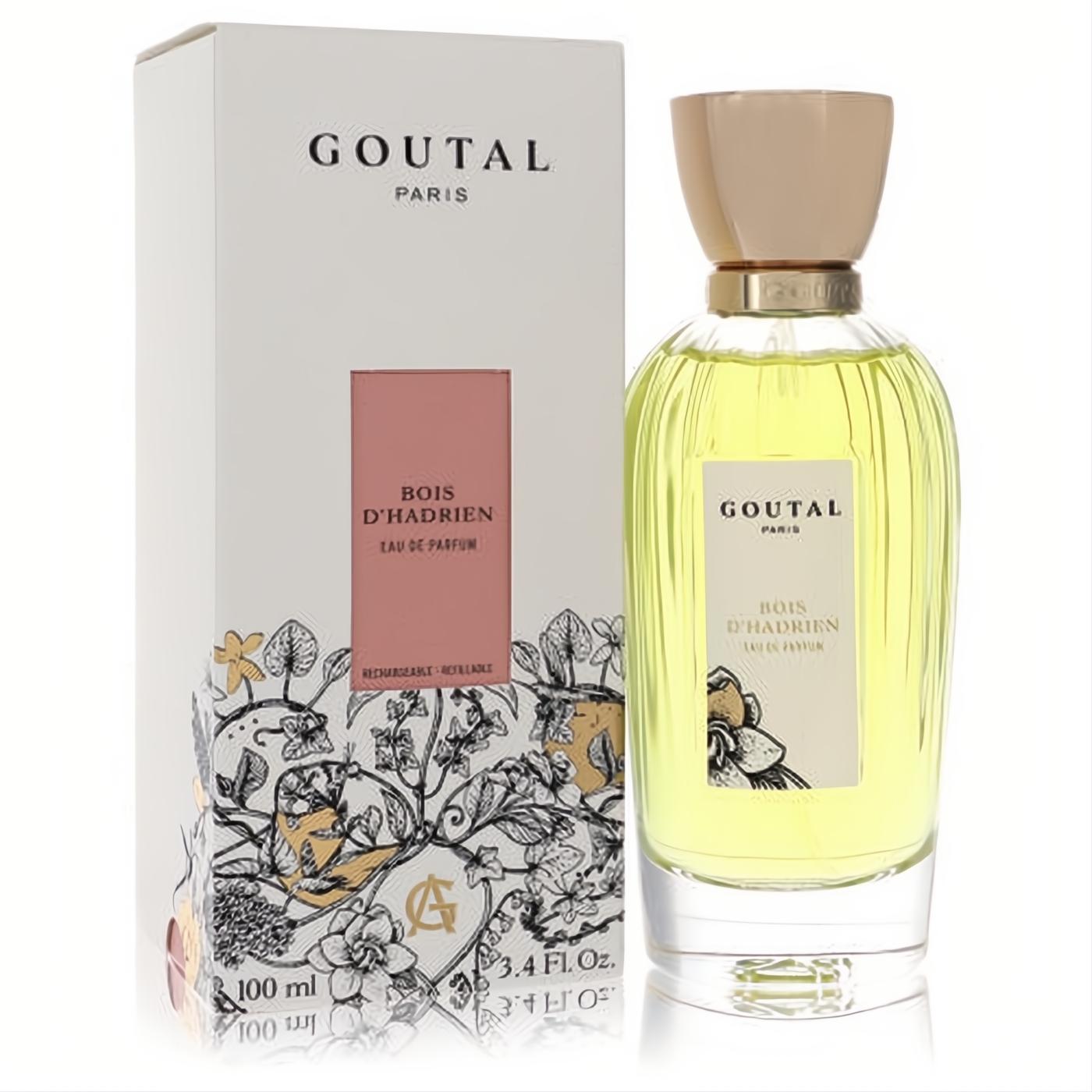 Goutal Bois D'hadrien 3.4 oz refillable EDP. Elegant clear bottle, luminous yellow-green scent, gold cap, and sophisticated floral white box.