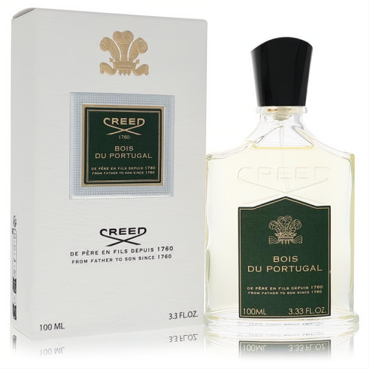 Creed Bois Du Portugal 3.3 oz Eau De Parfum. Elegant clear glass bottle with black cap, signature green label, and gold accents.