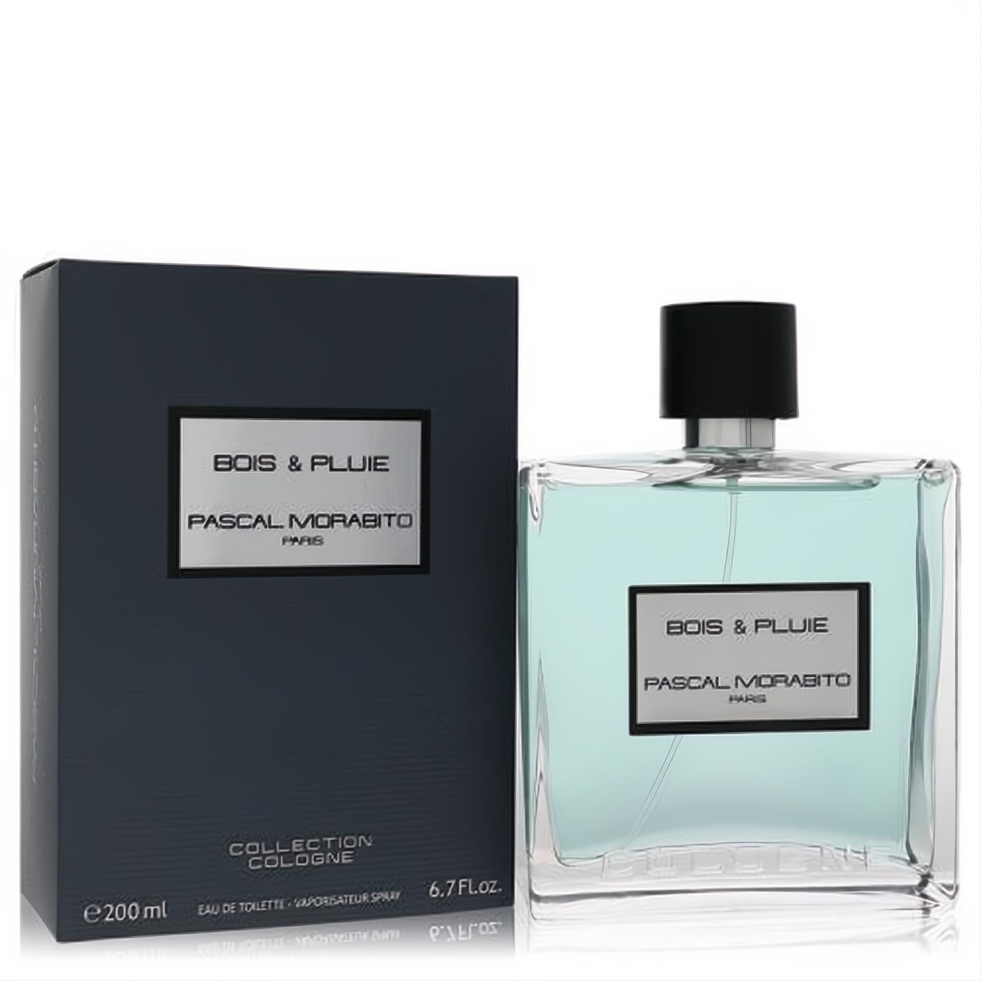 Elegant Bois & Pluie Pascal Morabito 6.7 oz EDT for men. Clear glass bottle, light blue fragrance, and sophisticated dark blue box.
