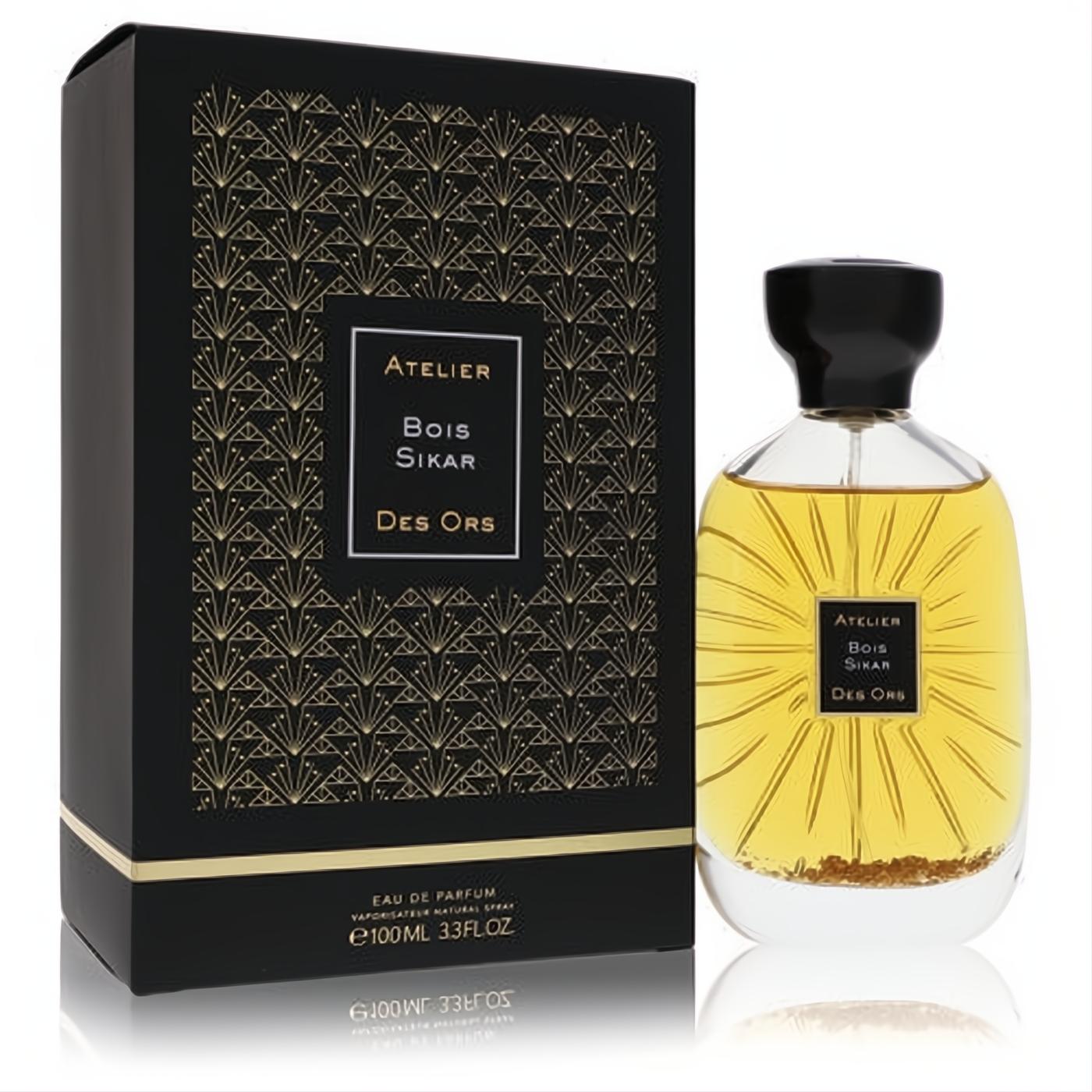 Bois Sikar by Atelier Des Ors 3.3 oz EDP. Luxurious black and gold art deco box, elegant bottle with golden liquid and sunburst design.