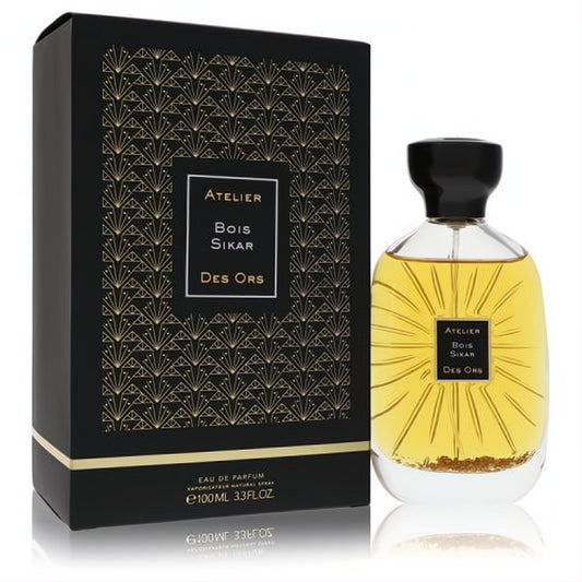 Bois Sikar by Atelier Des Ors 3.3 oz EDP. Luxurious black and gold art deco box, elegant bottle with golden liquid and sunburst design.