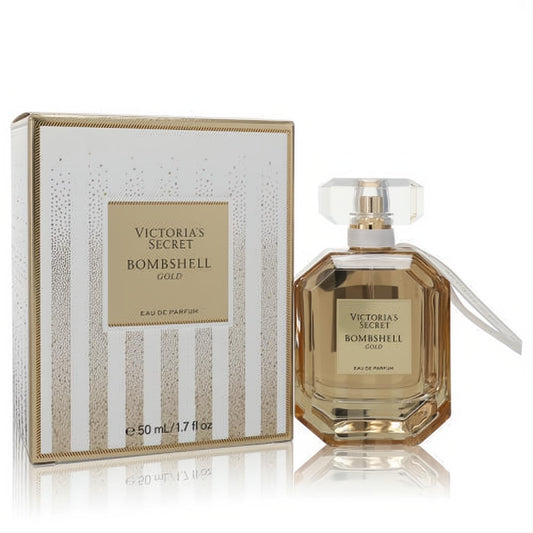 Victoria's Secret Bombshell Gold 1.7 oz women's EDP. Luxurious faceted gold bottle, elegant white box with gold stripes.